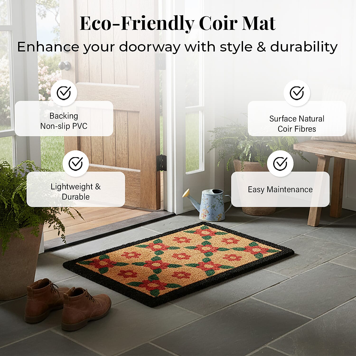 Flower Print Coir Door Mat (Size 40x60 cm) - Multi