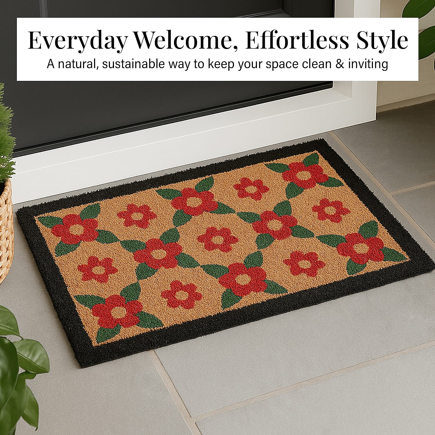 Flower Print Coir Door Mat (Size 40x60 cm) - Multi