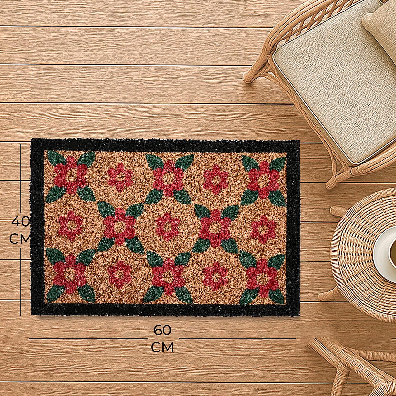 Flower Print Coir Door Mat (Size 40x60 cm) - Multi