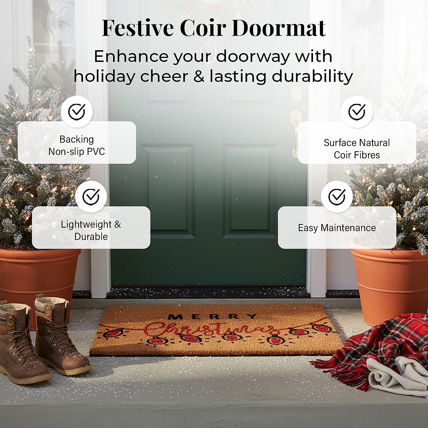 Merry Christmas Bleached Print Coir Doormat (60 x 40 cm) - Christmas