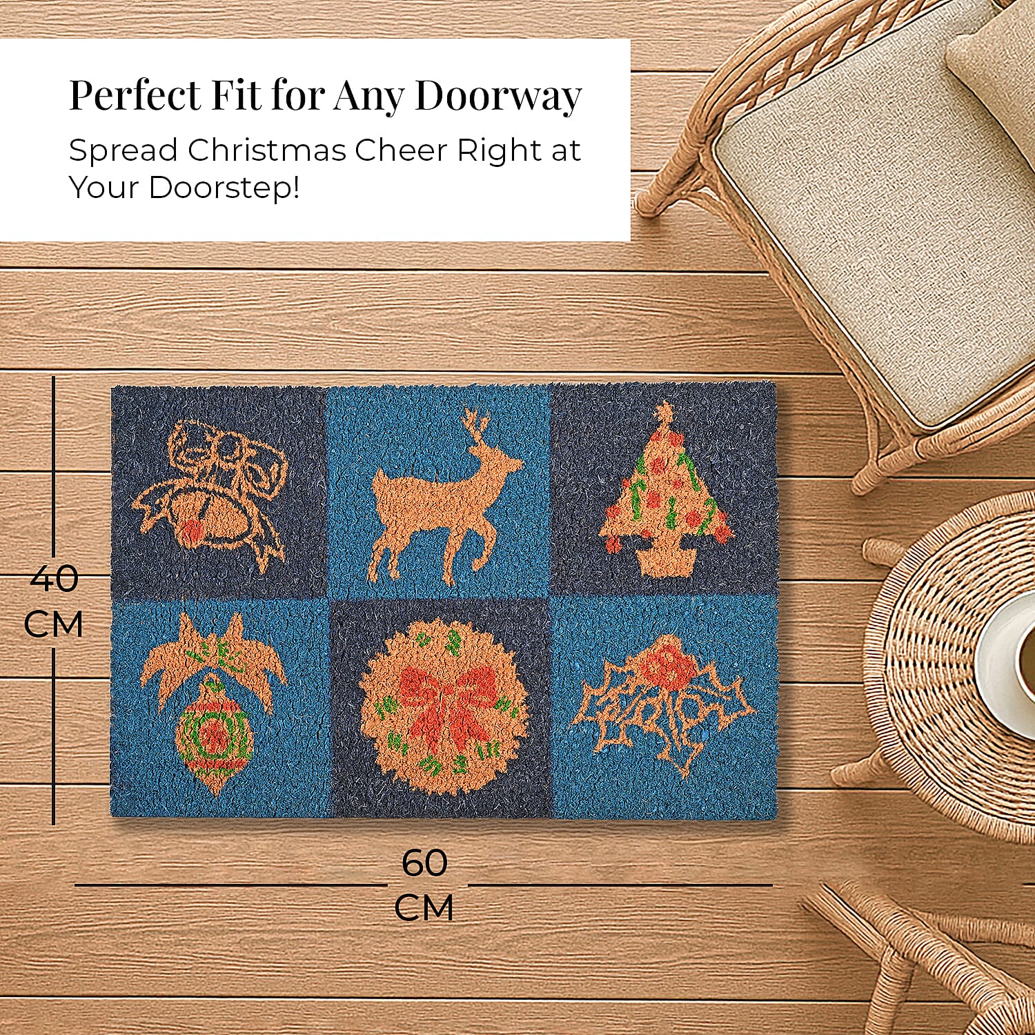 Bleached Christmas Prints Coir Doormat (60 x 40 cm) - Multicolour