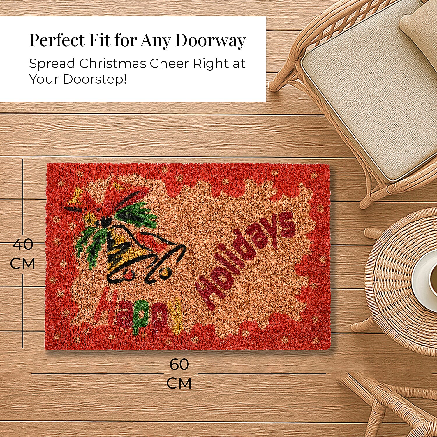Happy Holidays Bleached Print Coir Doormat (60 x 40 cm) - Red