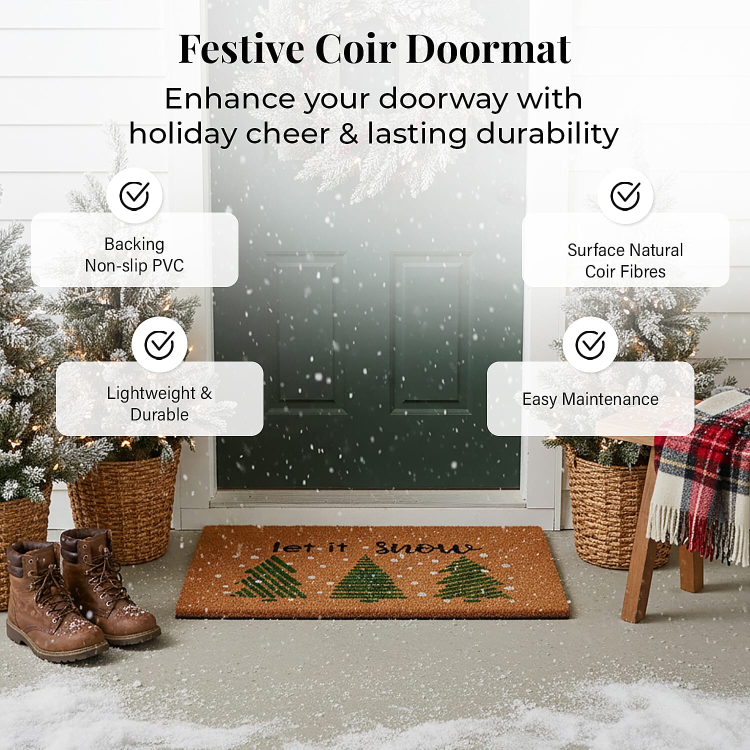 Let It Snow Bleached Print Coir Doormat (60 x 40 cm) - Snow