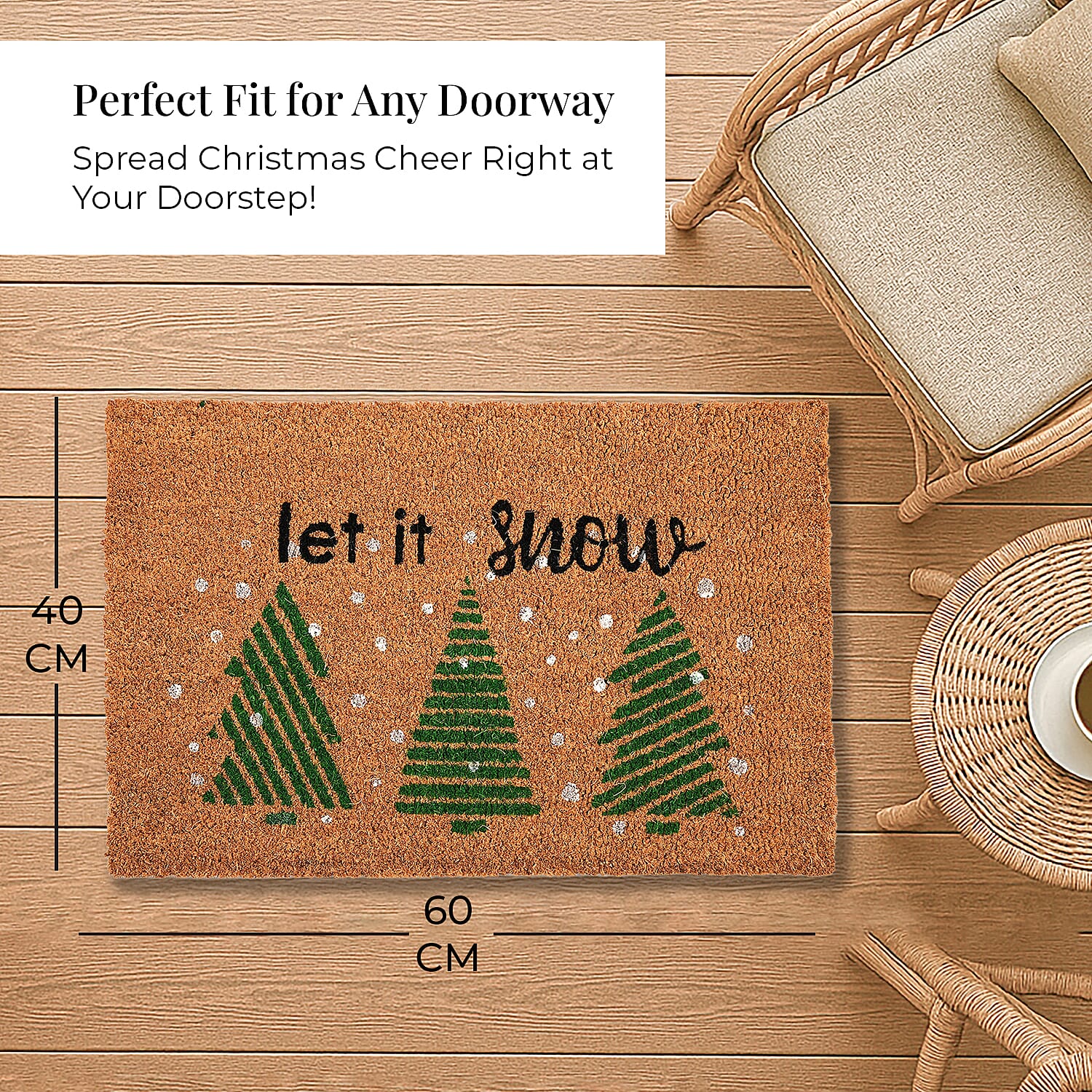 Let It Snow Bleached Print Coir Doormat (60 x 40 cm) - Snow