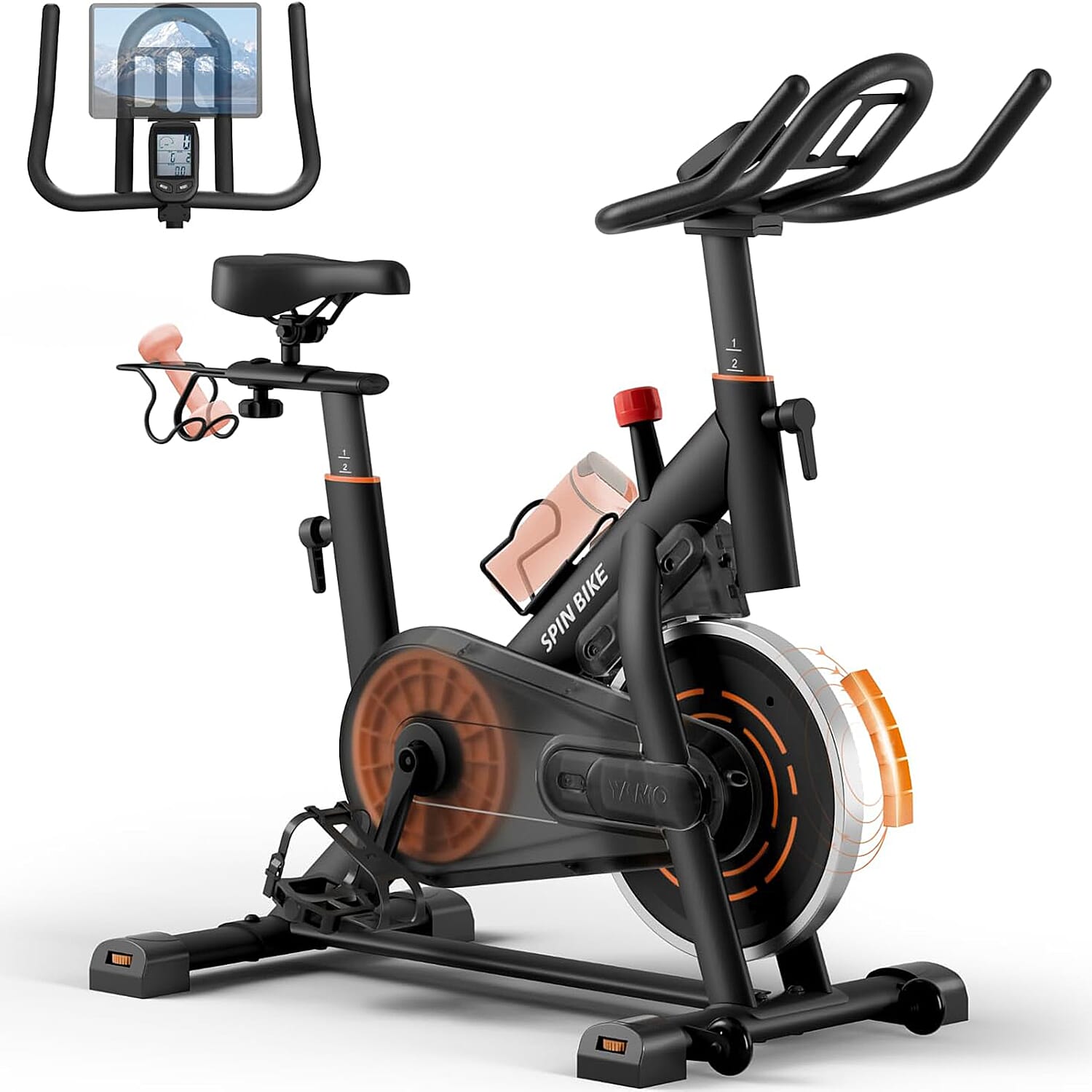 YAMO Exercise Spin Bike, Adjustable Resistance Silent Belt Drive with Comfortable Seat Cushion - Orange