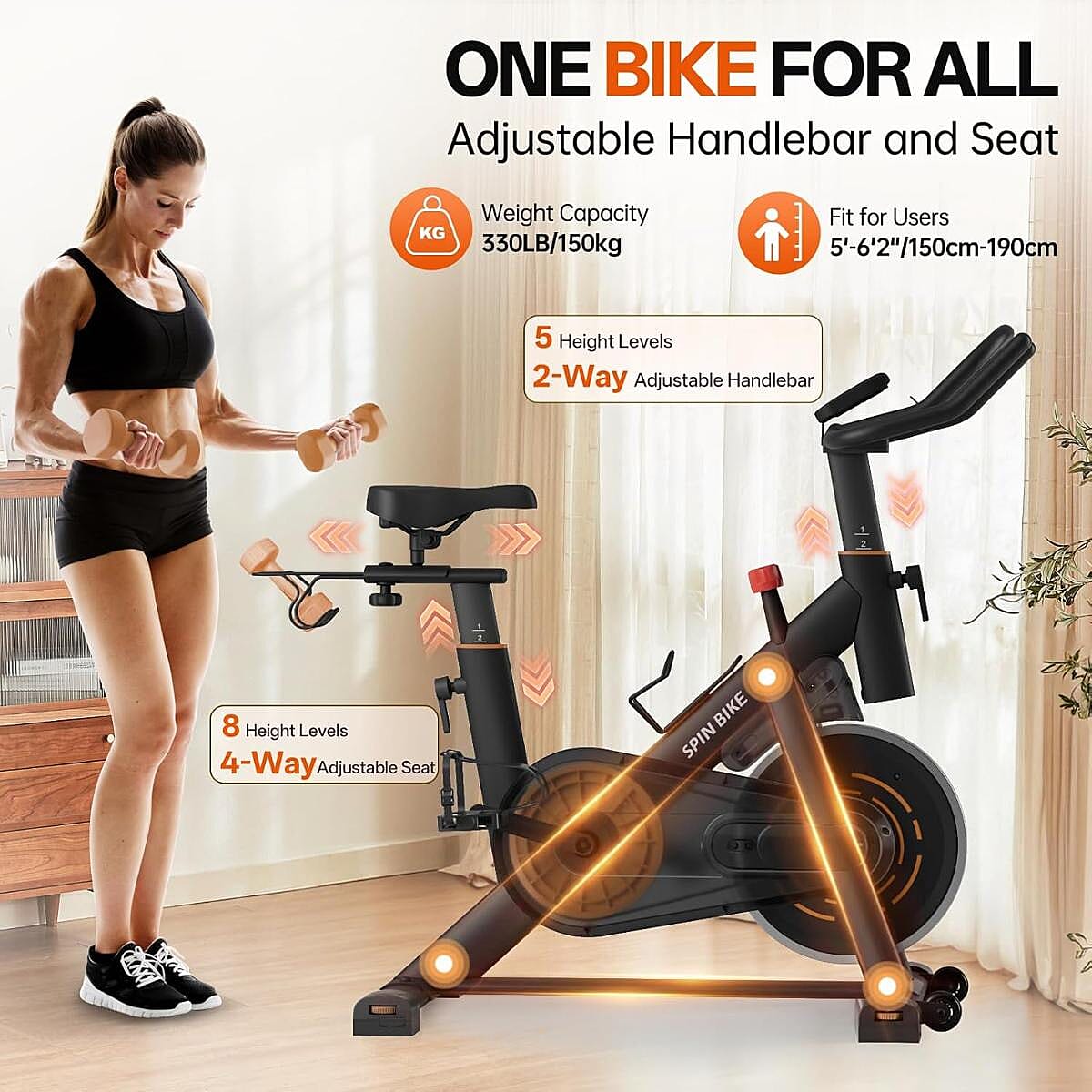 YAMO Exercise Spin Bike, Adjustable Resistance Silent Belt Drive with Comfortable Seat Cushion - Orange