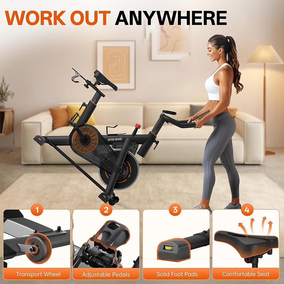 YAMO Exercise Spin Bike, Adjustable Resistance Silent Belt Drive with Comfortable Seat Cushion - Orange