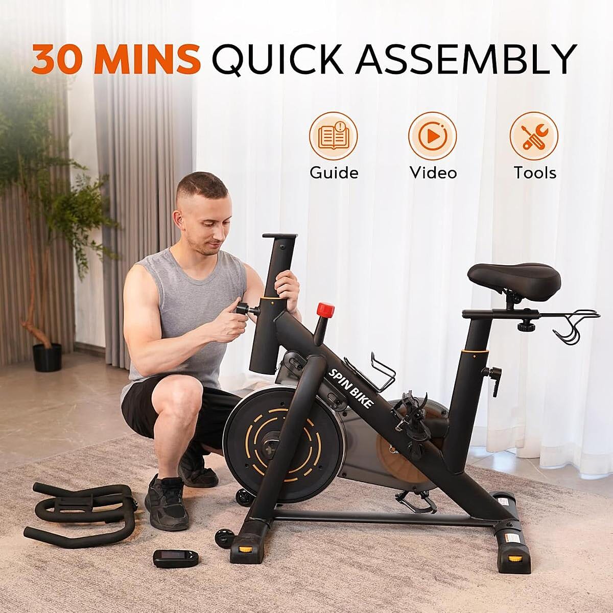 YAMO Exercise Spin Bike, Adjustable Resistance Silent Belt Drive with Comfortable Seat Cushion - Orange