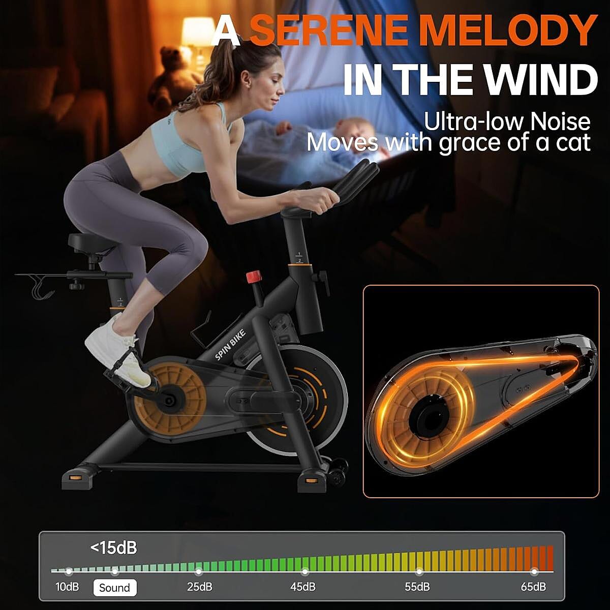 YAMO Exercise Spin Bike, Adjustable Resistance Silent Belt Drive with Comfortable Seat Cushion - Orange