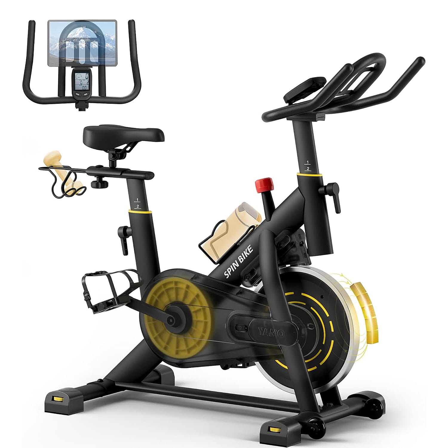 YAMO Exercise Spin Bike, Adjustable Resistance Silent Belt Drive with Comfortable Seat Cushion - Yellow