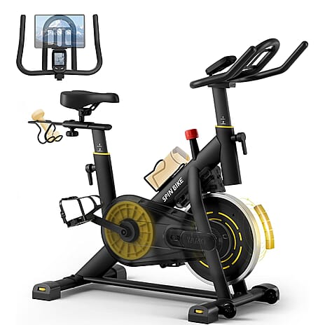 YAMO Exercise Spin Bike, Adjustable Resistance Silent Belt Drive with Comfortable Seat Cushion - Yellow