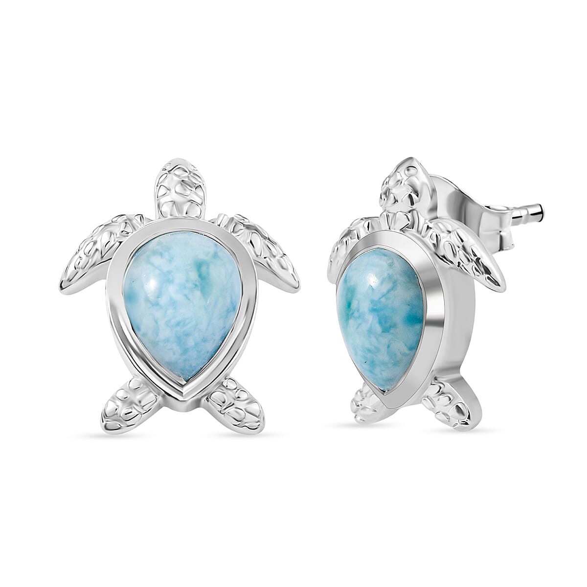 D'joy Larimar Turtle Earring in Rhodium Overlay Sterling Silver 2.82 Ct.