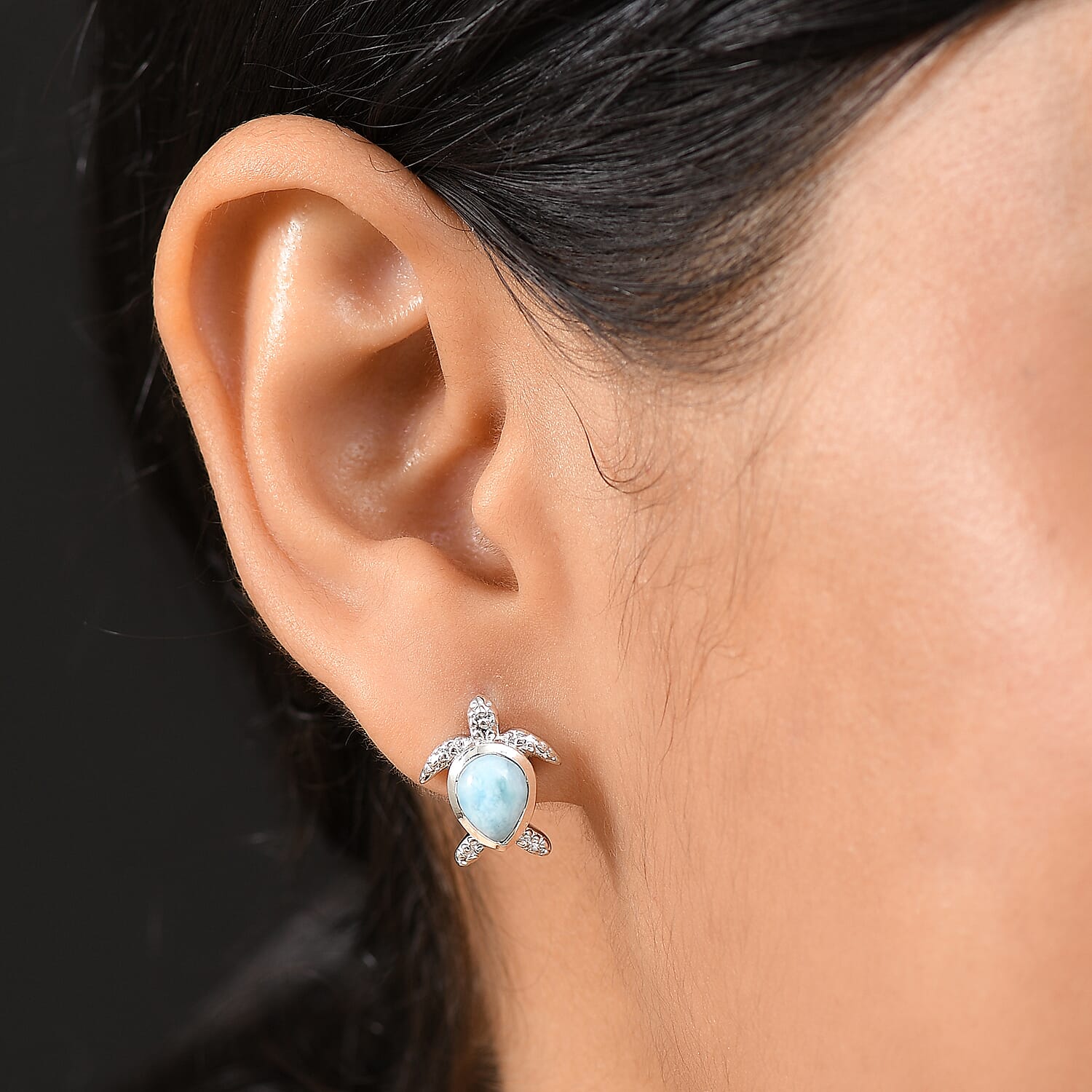 D'joy Larimar Turtle Earring in Rhodium Overlay Sterling Silver 2.82 Ct.