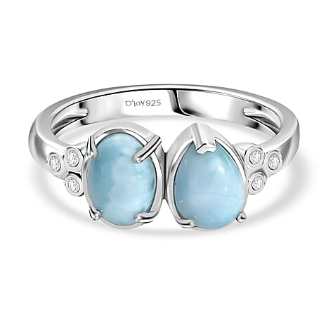 D'joy Larimar & White Zircon Pebbles Ring in Rhodium Overlay Sterling Silver 2.01 Ct.