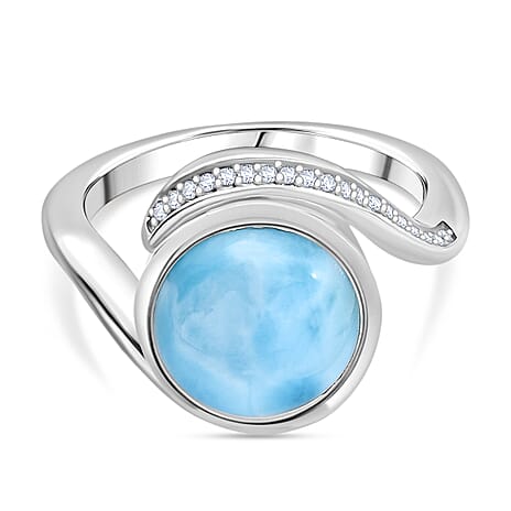 D'joy Larimar & White Zircon Solitaire Ocean Swirl Ring in Rhodium Overlay Sterling Silver 4.82 Ct.