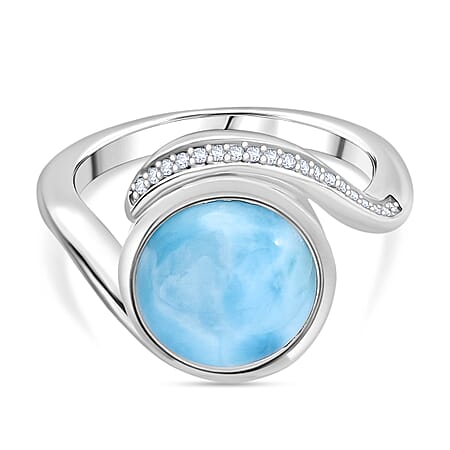 D'joy Larimar & White Zircon Solitaire Ocean Swirl Ring in Rhodium Overlay Sterling Silver 4.82 Ct. D'joy Larimar & White Zircon Solitaire Ocean Swirl Ring in Rhodium Overlay Sterling Silver 4.82 Ct.