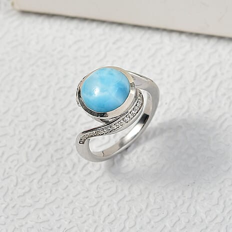 D'joy Larimar & White Zircon Solitaire Ocean Swirl Ring in Rhodium Overlay Sterling Silver 4.82 Ct.