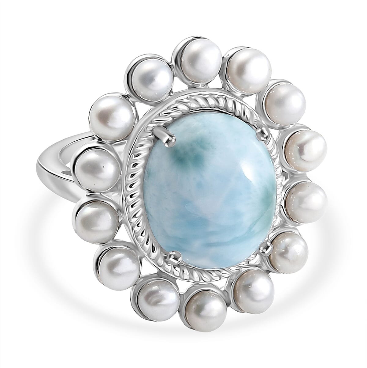 D'joy Larimar & Pearl Whispers of the Deep Ring in Rhodium Overlay Sterling Silver 8.48 Ct, Silver Wt. 5.45 Gms.