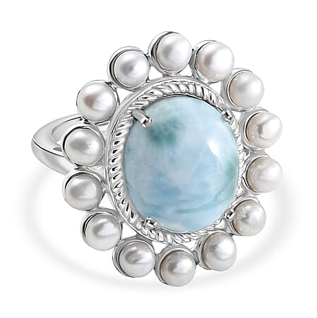 D'joy Larimar & Pearl Whispers of the Deep Ring in Rhodium Overlay Sterling Silver 8.48 Ct, Silver Wt. 5.45 Gms.