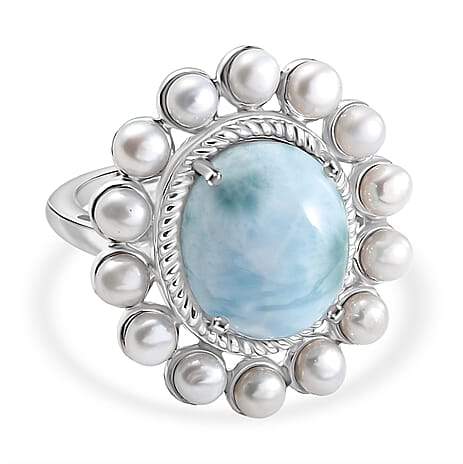 D'joy Larimar & Pearl Whispers of the Deep Ring in Rhodium Overlay Sterling Silver 8.48 Ct, Silver Wt. 5.45 Gms.