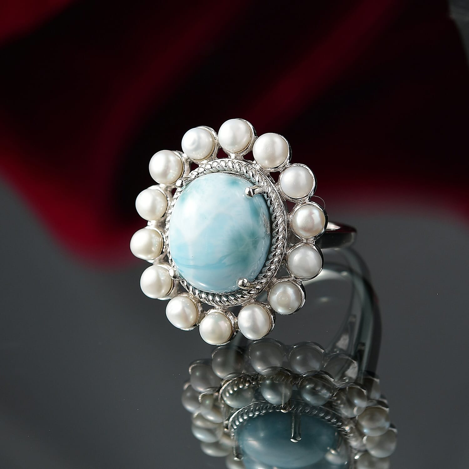 D'joy Larimar & Pearl Whispers of the Deep Ring in Rhodium Overlay Sterling Silver 8.48 Ct, Silver Wt. 5.45 Gms.