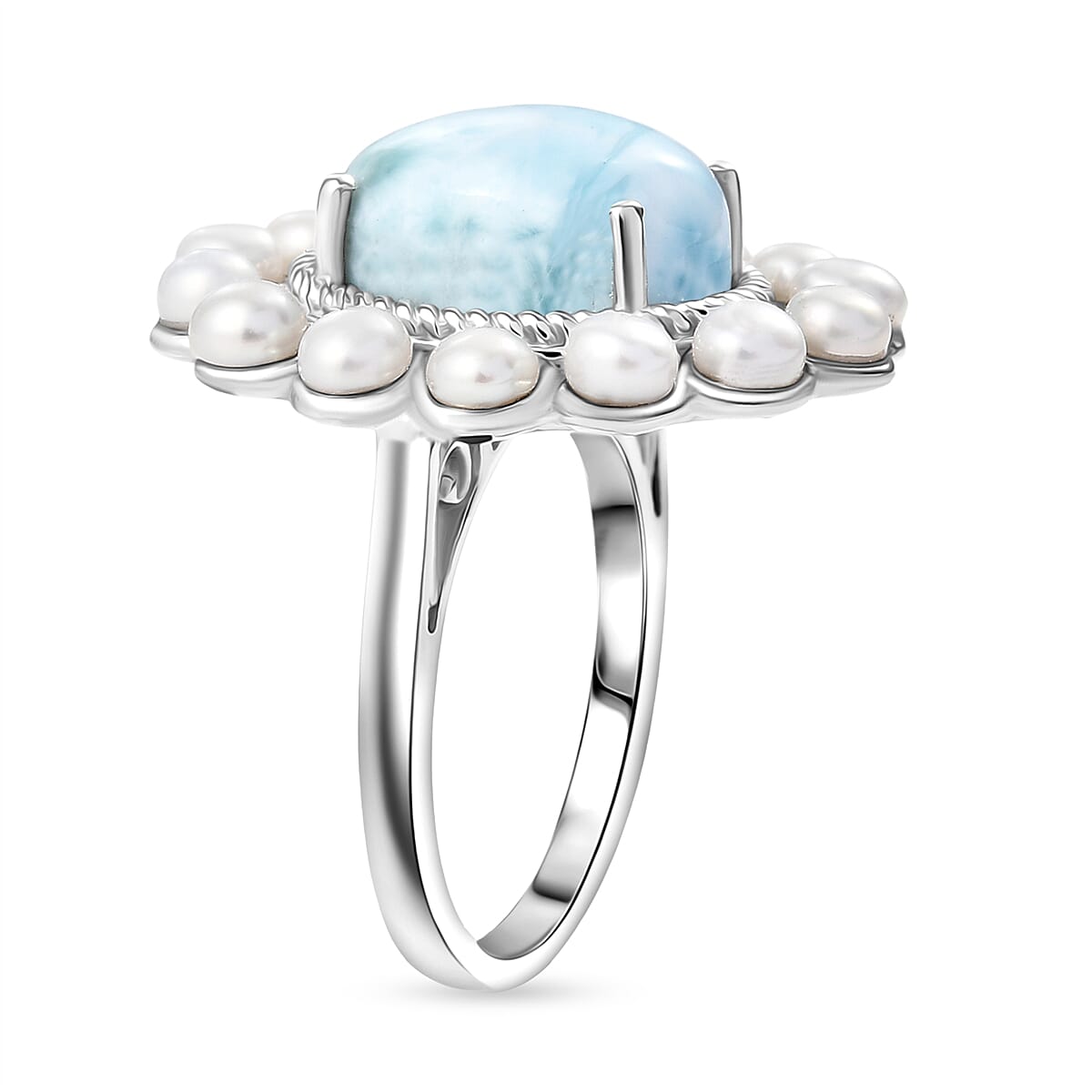 D'joy Larimar & Pearl Whispers of the Deep Ring in Rhodium Overlay Sterling Silver 8.48 Ct, Silver Wt. 5.45 Gms.