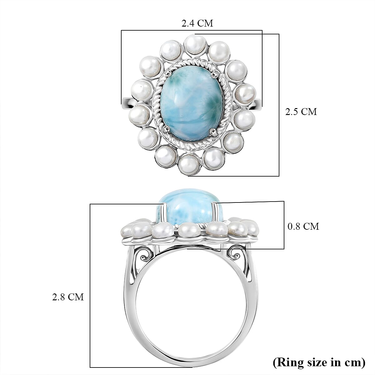 D'joy Larimar & Pearl Whispers of the Deep Ring in Rhodium Overlay Sterling Silver 8.48 Ct, Silver Wt. 5.45 Gms.