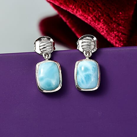 D'joy Larimar Solitaire Stud Push Post Rippling Waters Earring in Rhodium Overlay Sterling Silver 3.24 Ct.