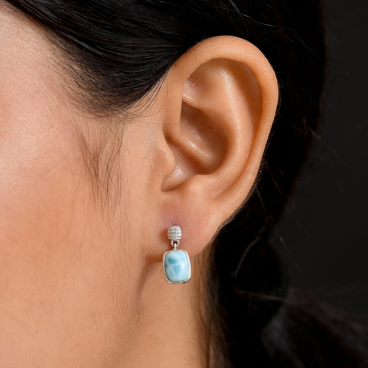 D'joy Larimar Solitaire Stud Push Post Rippling Waters Earring in Rhodium Overlay Sterling Silver 3.24 Ct.