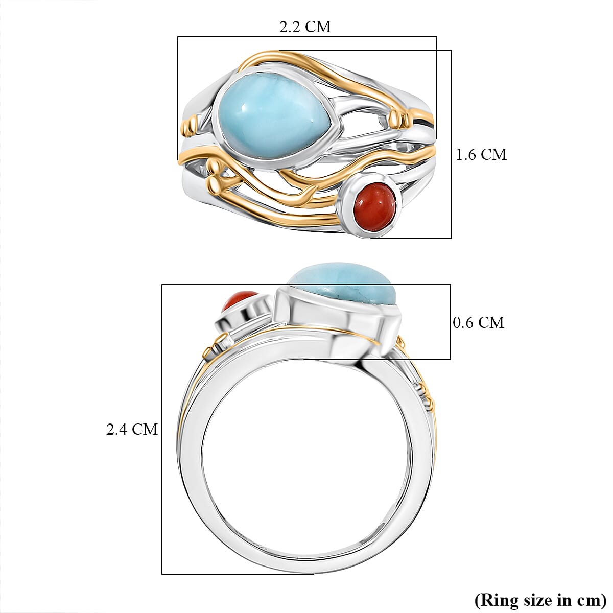 D'joy Larimar & Coral Oceanic Harmony Ring in 18K Yellow Gold Plated Sterling Silver 2.40 Ct. D'joy Larimar & Coral Oceanic Harmony Ring in 18K Yellow Gold Plated Sterling Silver 2.40 Ct.