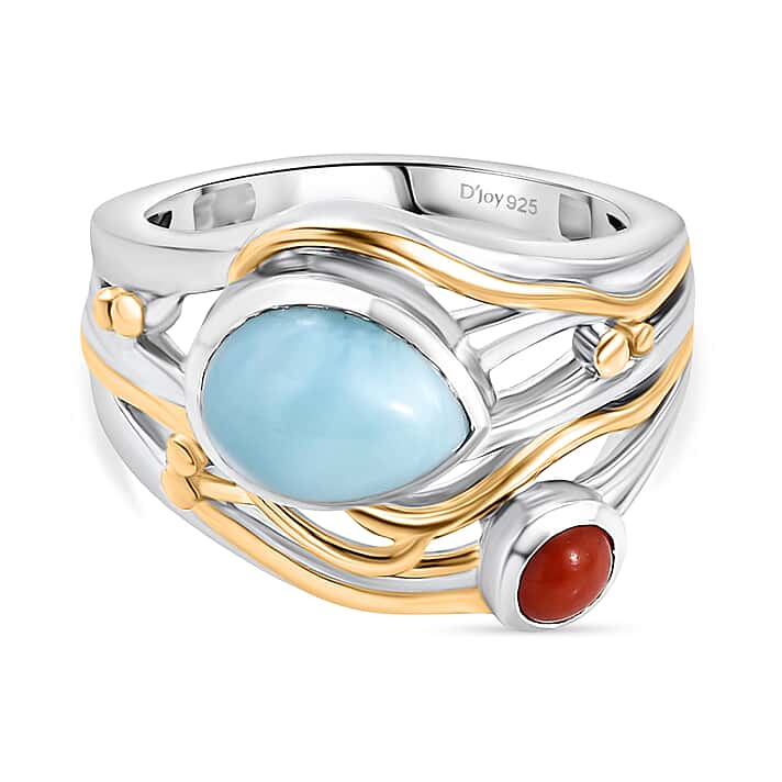 D'joy Larimar, Coral Oceanic Harmony Ring in 18K Yellow Gold Plated Sterling Silver 2.40 Ct.