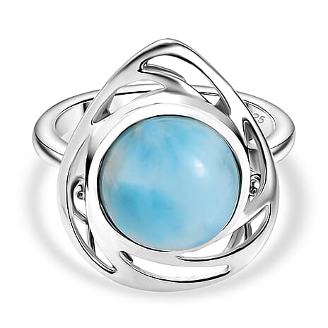 D'joy Larimar Solitaire Oceanic Whirl Ring in Rhodium Overlay Sterling Silver 4.62 Ct.