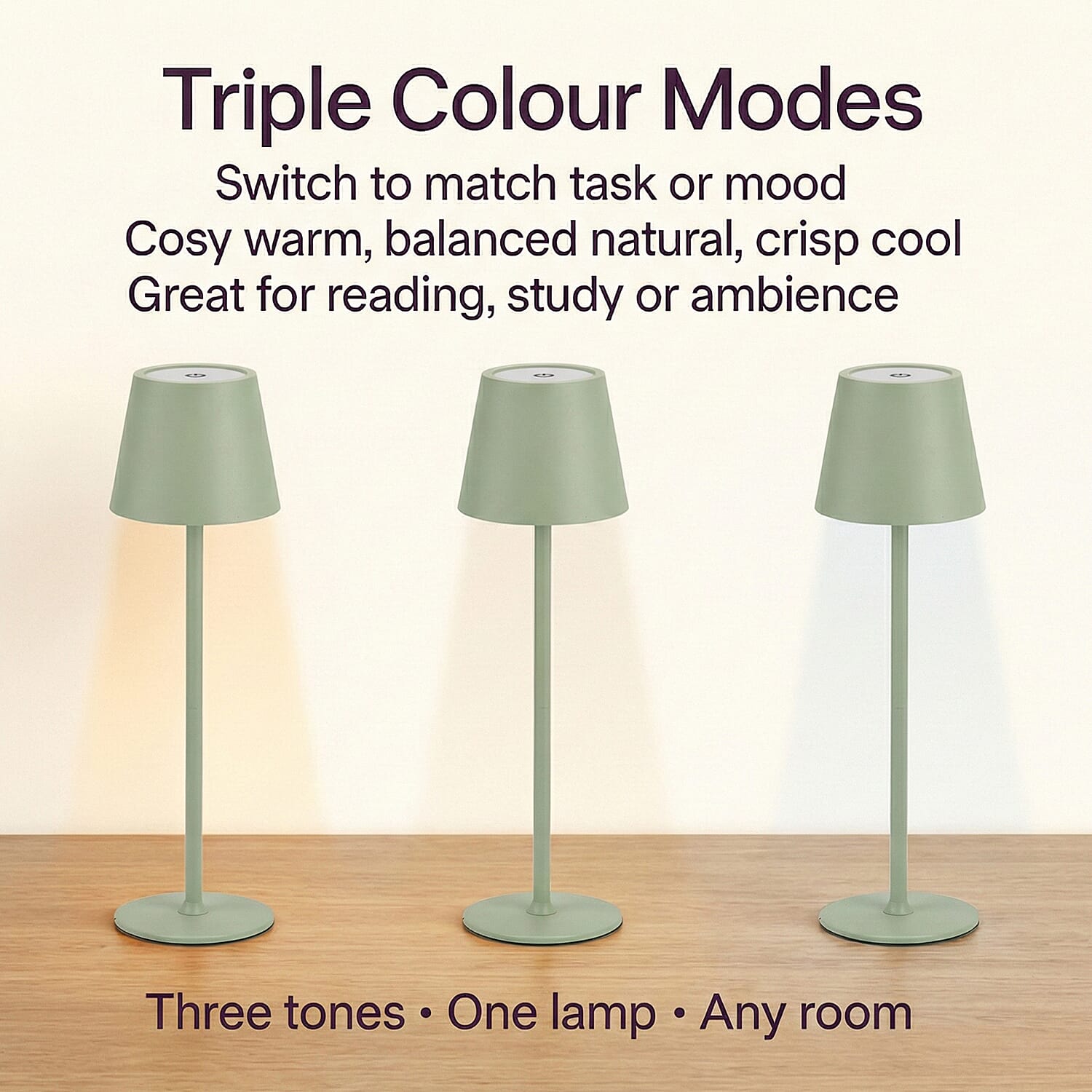 MEGA DEAL - LIVMORE Rechargable Table Lamp With Warm, Natural & Cool Lights (1200mAh Battery) - Green