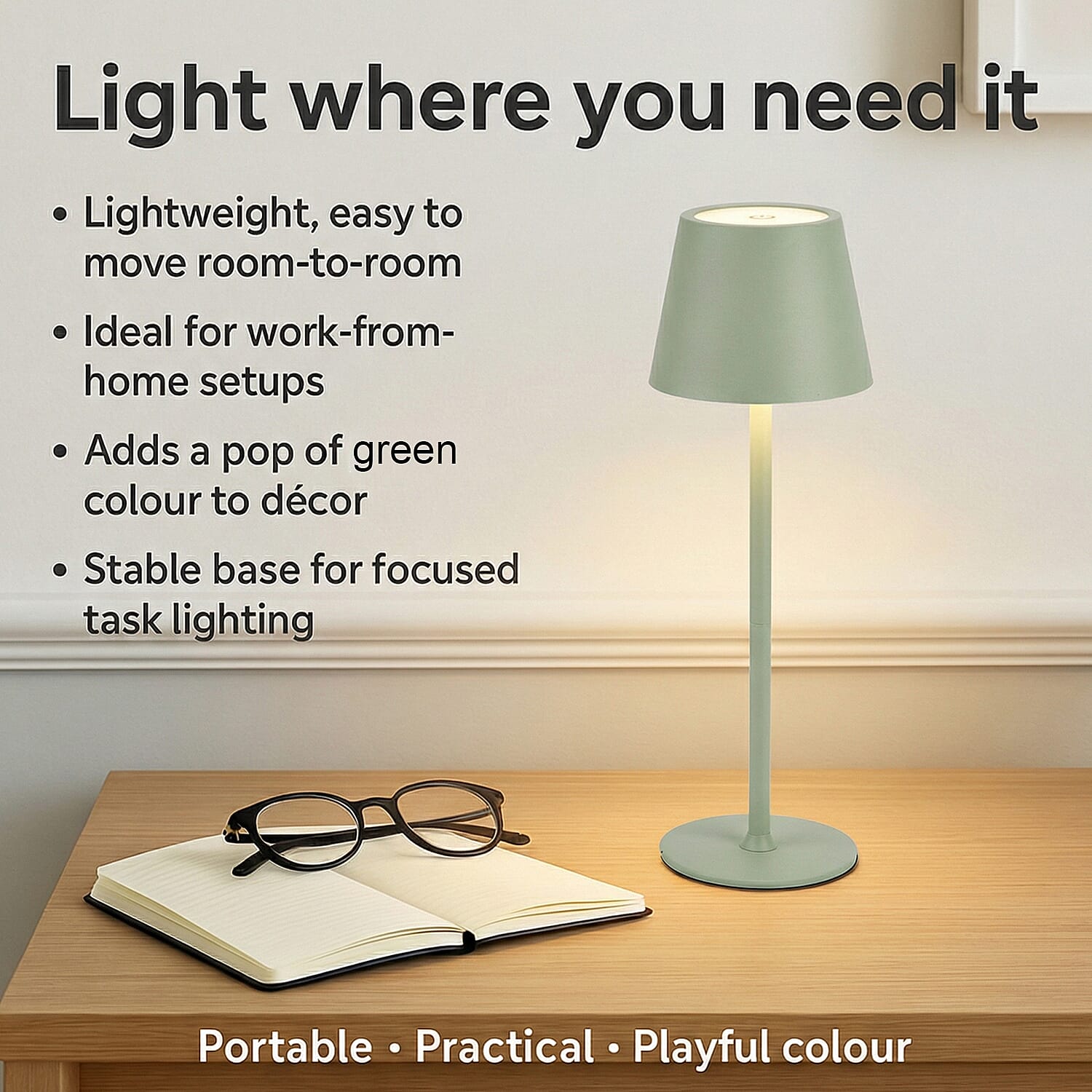 MEGA DEAL - LIVMORE Rechargable Table Lamp With Warm, Natural & Cool Lights (1200mAh Battery) - Green