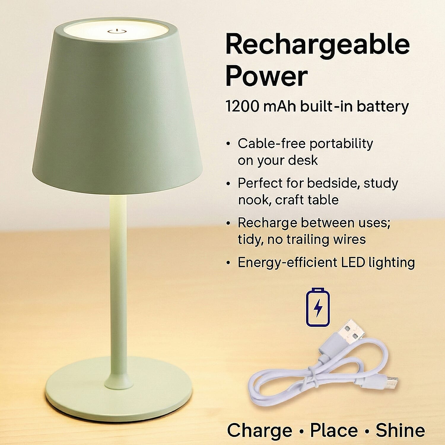 MEGA DEAL - LIVMORE Rechargable Table Lamp With Warm, Natural & Cool Lights (1200mAh Battery) - Green