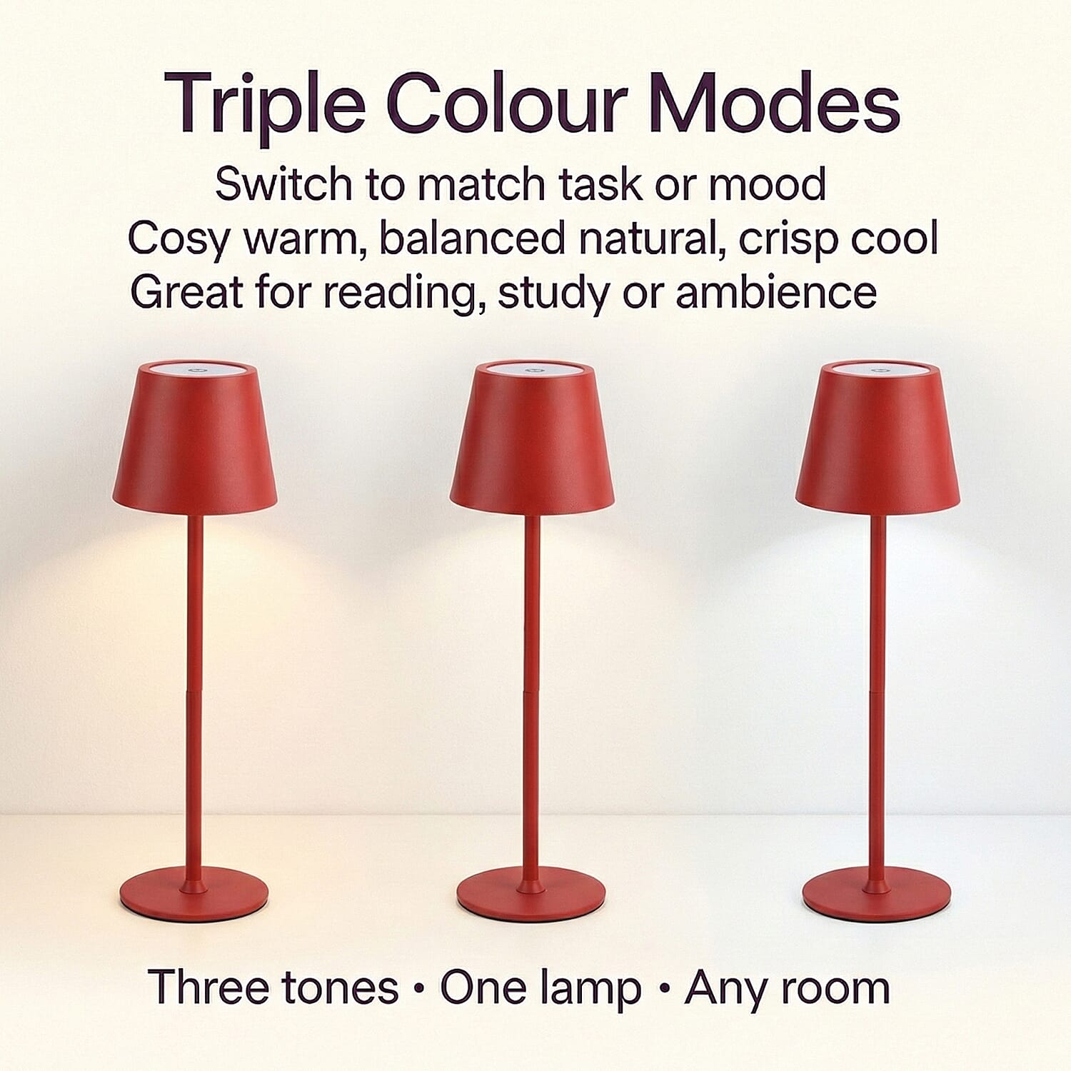 BLACK FRIDAY MEGA DEAL - LIVMORE Rechargable Table Lamp With Warm, Natural & Cool Lights (1200mAh Battery) - Red