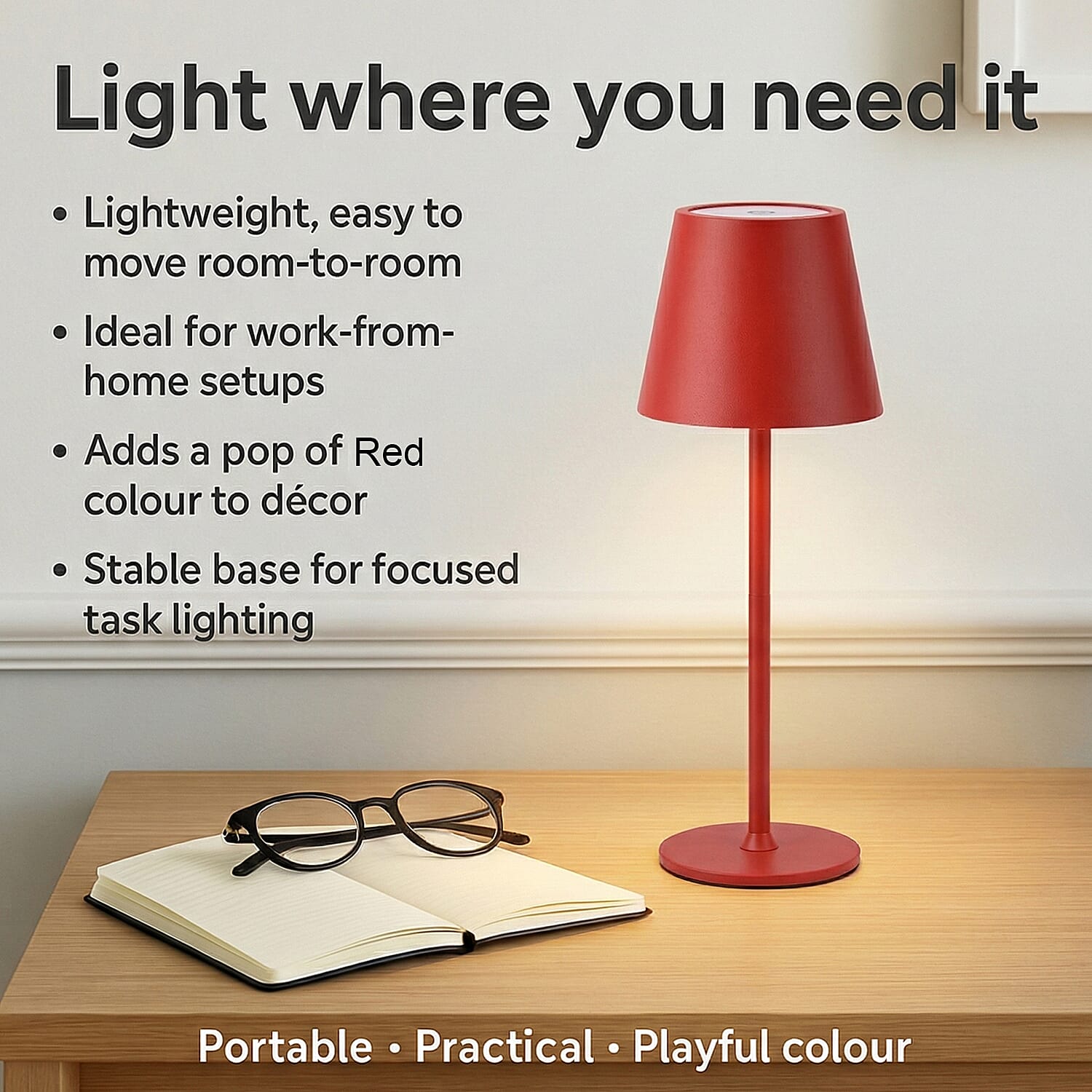 BLACK FRIDAY MEGA DEAL - LIVMORE Rechargable Table Lamp With Warm, Natural & Cool Lights (1200mAh Battery) - Red