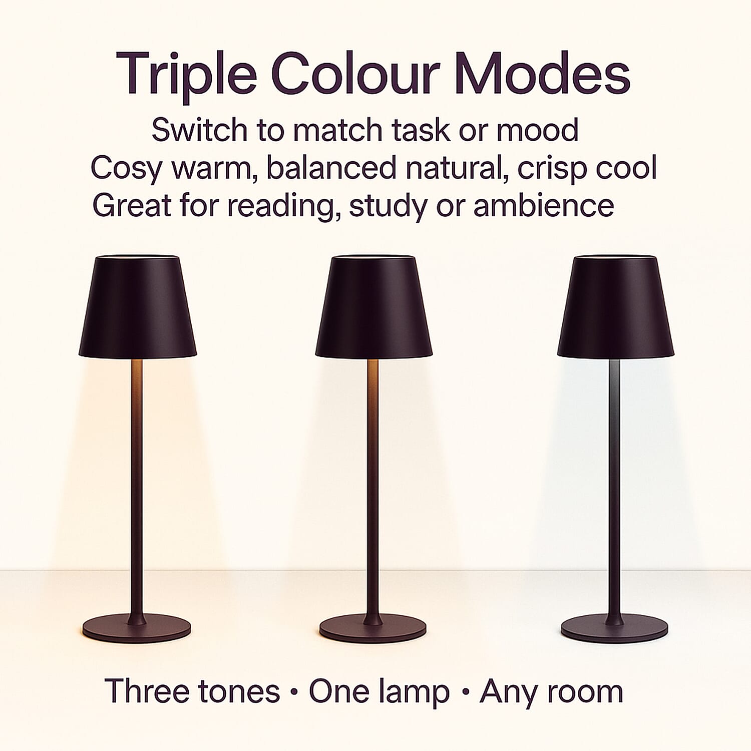 MEGA DEAL - LIVMORE Rechargable Table Lamp With Warm, Natural & Cool Lights (1200mAh Battery) - Purple