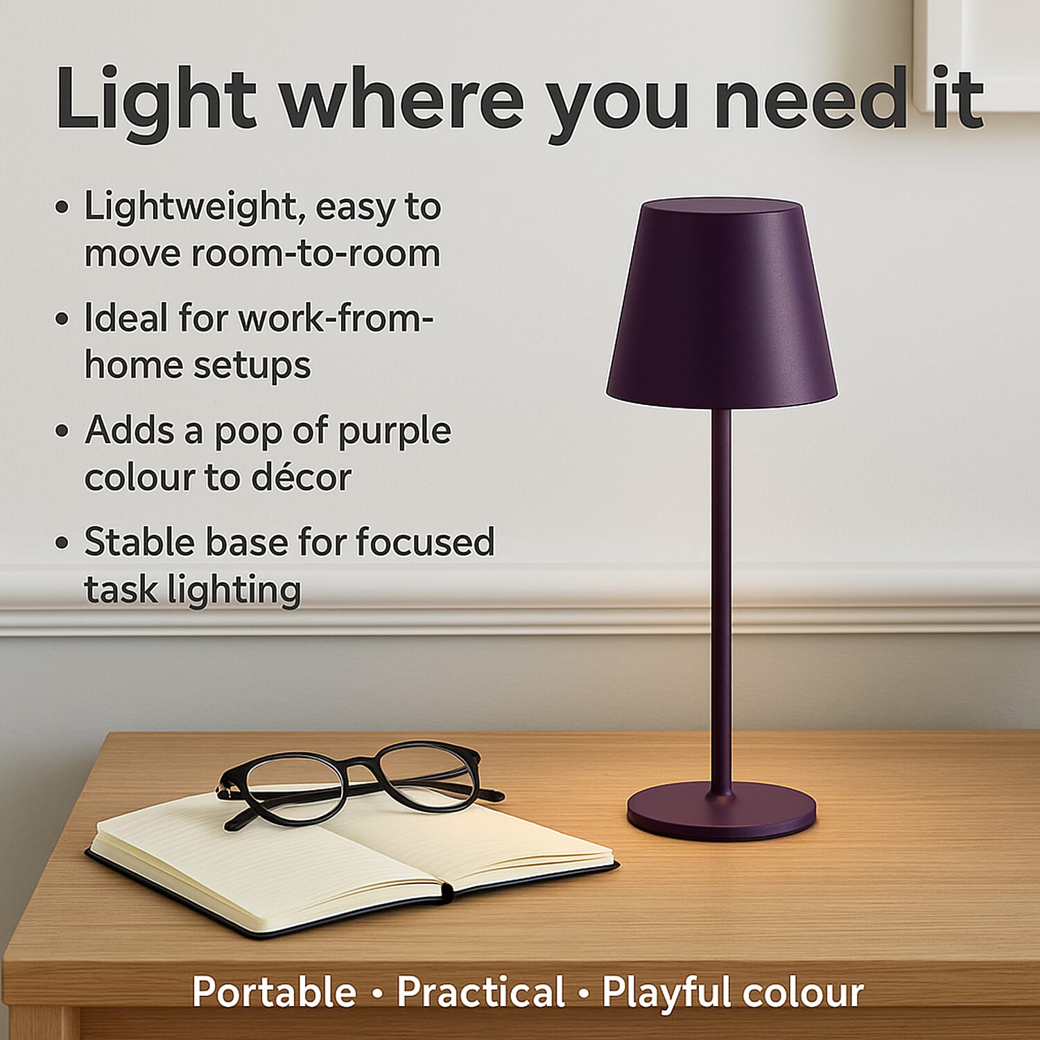 MEGA DEAL - LIVMORE Rechargable Table Lamp With Warm, Natural & Cool Lights (1200mAh Battery) - Purple