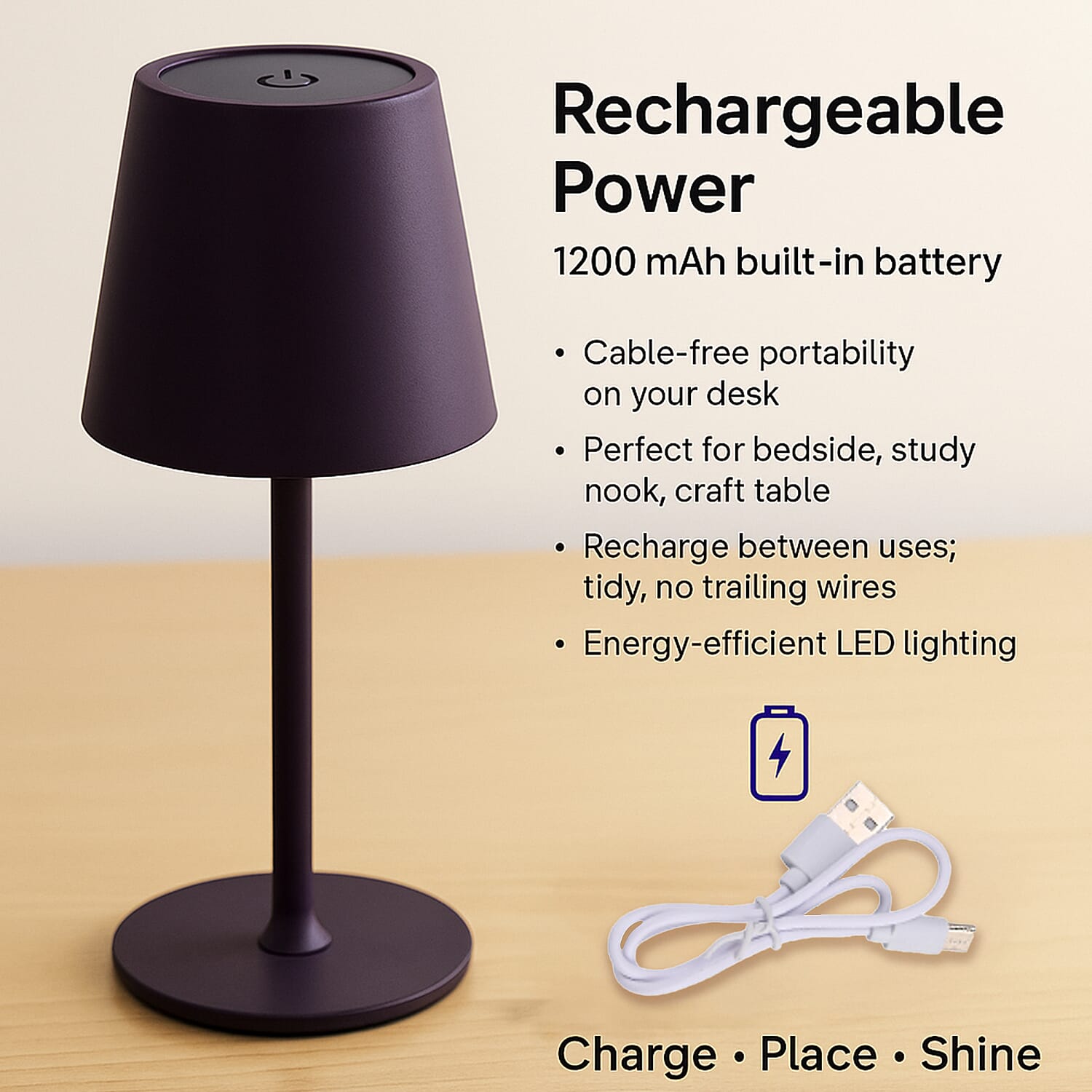 MEGA DEAL - LIVMORE Rechargable Table Lamp With Warm, Natural & Cool Lights (1200mAh Battery) - Purple