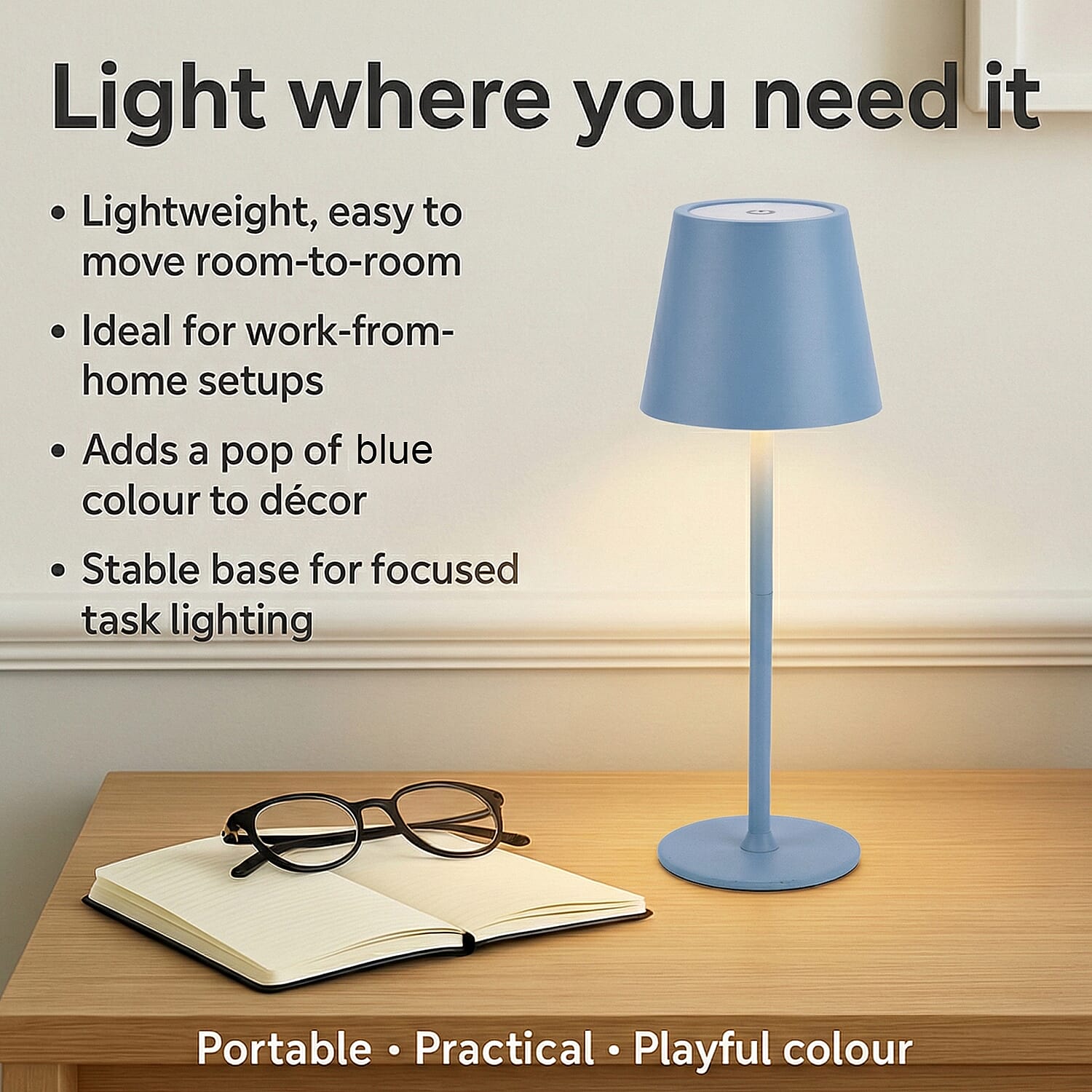 MEGA DEAL - LIVMORE Rechargable Table Lamp With Warm, Natural & Cool Lights (1200mAh Battery) - Blue