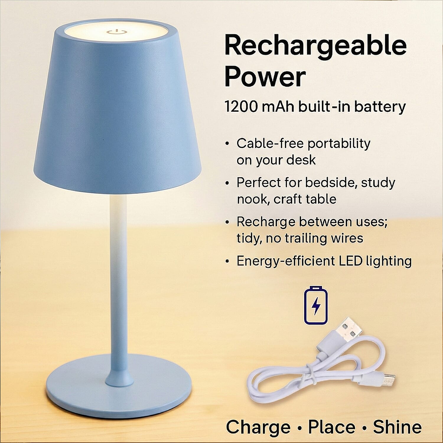 MEGA DEAL - LIVMORE Rechargable Table Lamp With Warm, Natural & Cool Lights (1200mAh Battery) - Blue