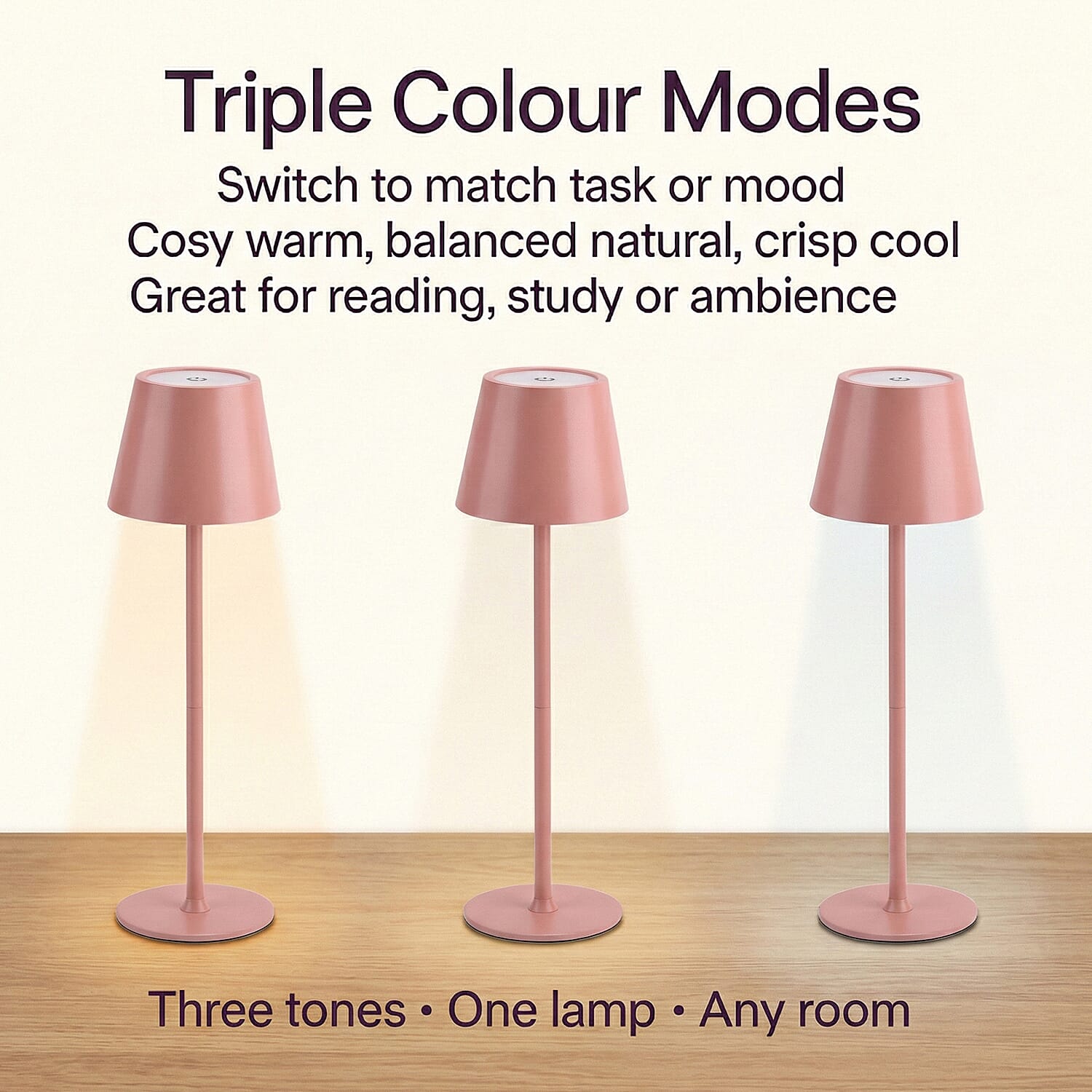 MEGA DEAL - LIVMORE Rechargable Table Lamp With Warm, Natural & Cool Lights (1200mAh Battery) - Pink