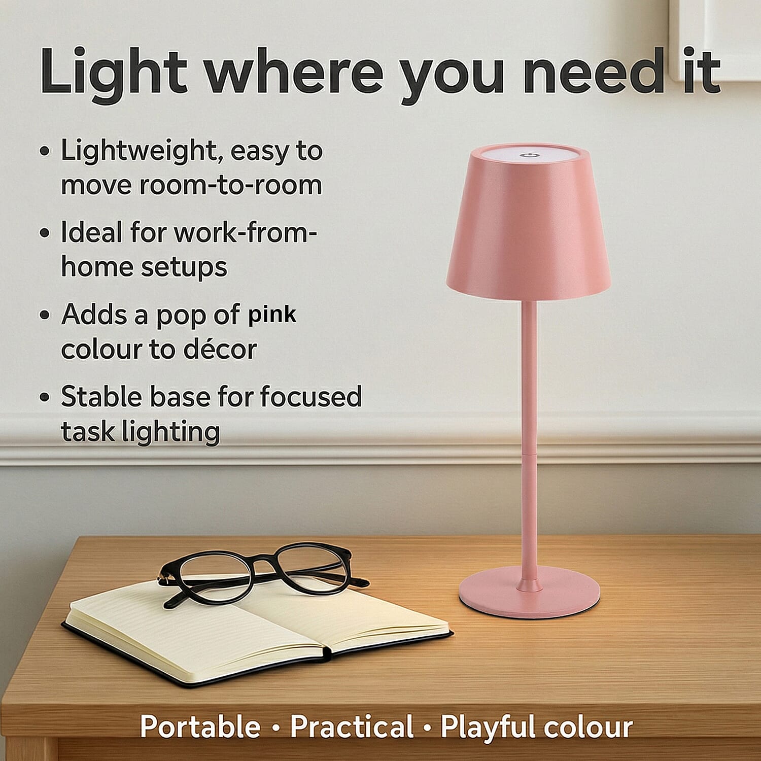 MEGA DEAL - LIVMORE Rechargable Table Lamp With Warm, Natural & Cool Lights (1200mAh Battery) - Pink