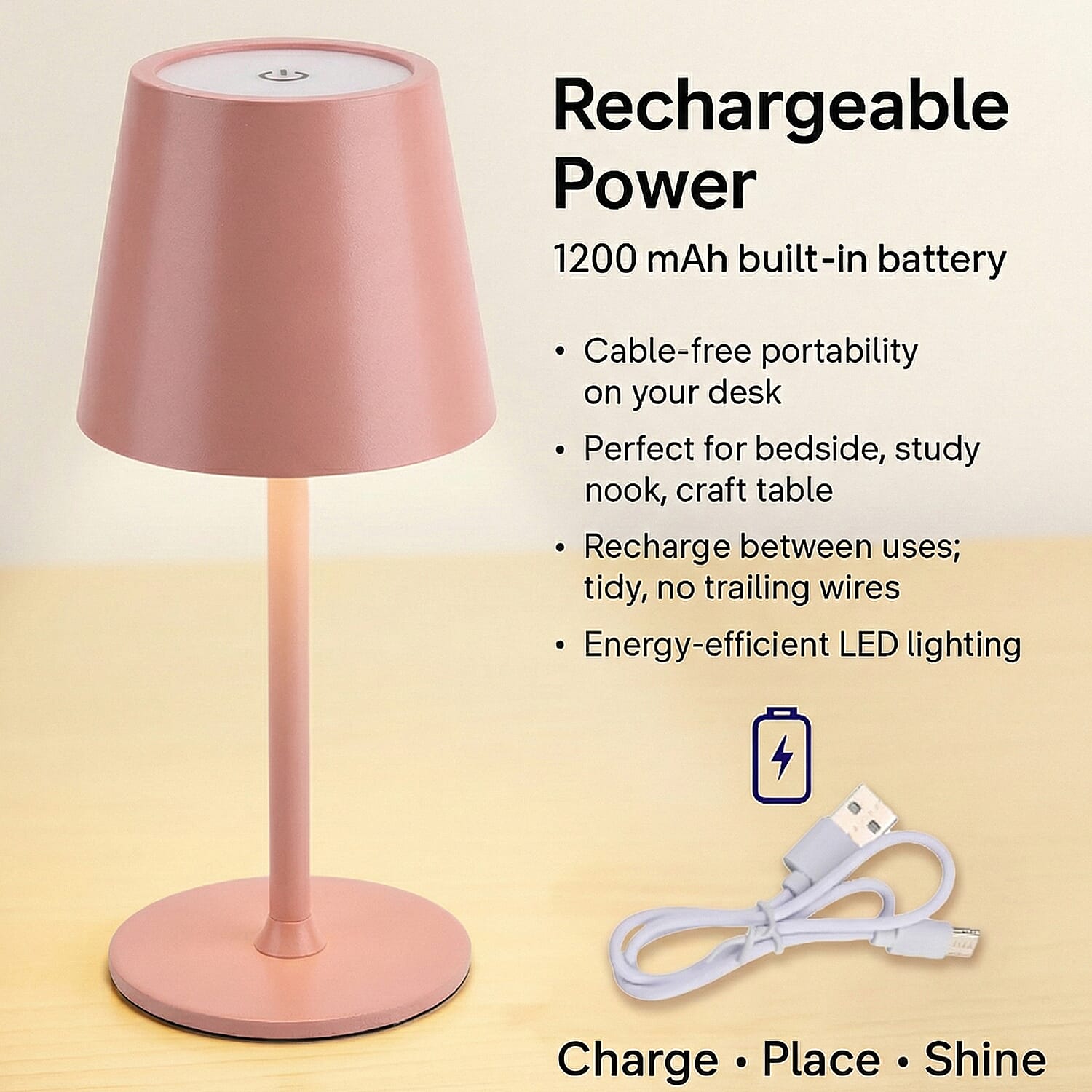 MEGA DEAL - LIVMORE Rechargable Table Lamp With Warm, Natural & Cool Lights (1200mAh Battery) - Pink