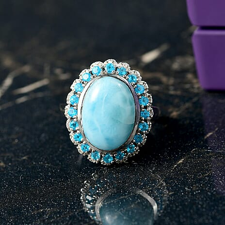 Djoy Larimar, White Zircon & Neon Apatite Aqua Majesty Ring in Rhodium Overlay Sterling Silver 8.09 Ct.