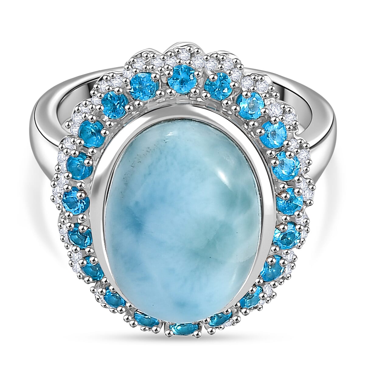 D'joy Larimar, White Zircon and Neon Apatite Aqua Majesty Halo Ring in Rhodium Overlay Sterling Silver 8.09 Ct.