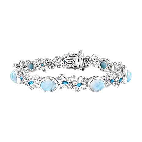 D'joy Larimar, White Zircon & Neon Apatite Cluster Wings of the Sea Bracelet (Size - 7) with GB Lock Box in Rhodium Overlay Sterling Silver 18.34 Ct, Silver Wt. 15.23 Gms.