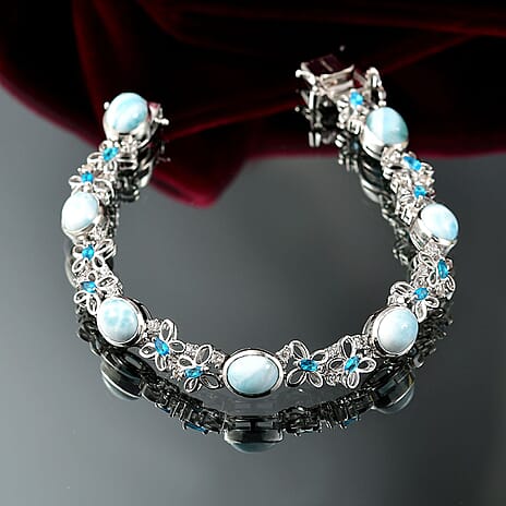D'joy Larimar, White Zircon & Neon Apatite Cluster Wings of the Sea Bracelet (Size - 7) with GB Lock Box in Rhodium Overlay Sterling Silver 18.34 Ct, Silver Wt. 15.23 Gms.
