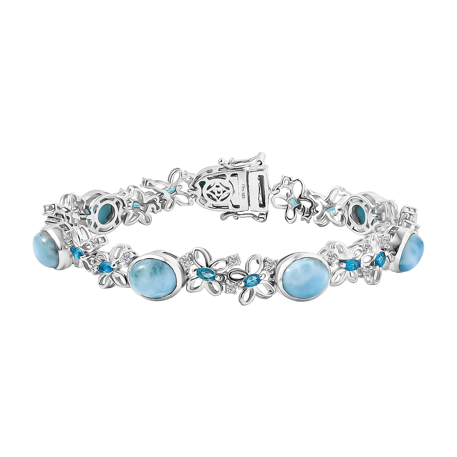 D'joy Larimar, White Zircon & Neon Apatite Cluster Wings of the Sea Bracelet (Size - 7.5) in Rhodium Overlay Sterling Silver 18.55 Ct.